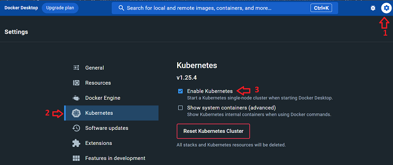 Enable Kubernetes in Docker Desktop Settings